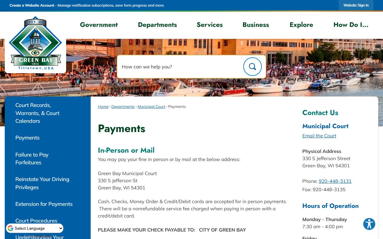 Green Bay Court Records municipal court payment page