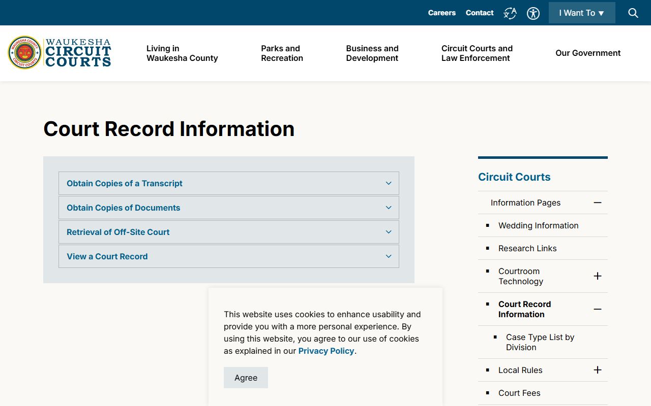 Waukesha Court Records county information page