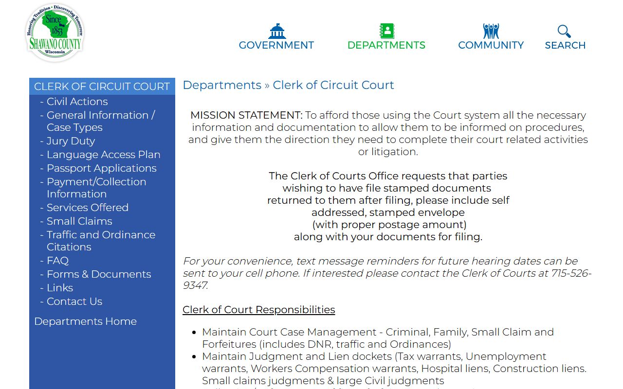 Shawano County Court Records clerk office